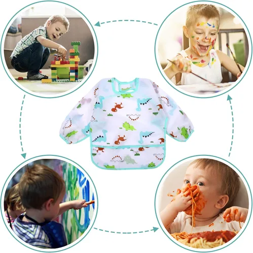Miniatura 6 de Accmor 4 Pack Long Sleeve Bibs, Baby Smock Waterproof Sleeved Bib Smock for Baby Toddler 6-36 Months Dinosaurio azul/cerdo naranja/alce