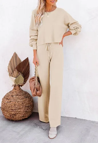 Miniatura 2 de Pink Wind Conjunto de suéter de 2 piezas para mujer, cuello redondo, pantalones de pierna ancha, trajes de sudadera de punto