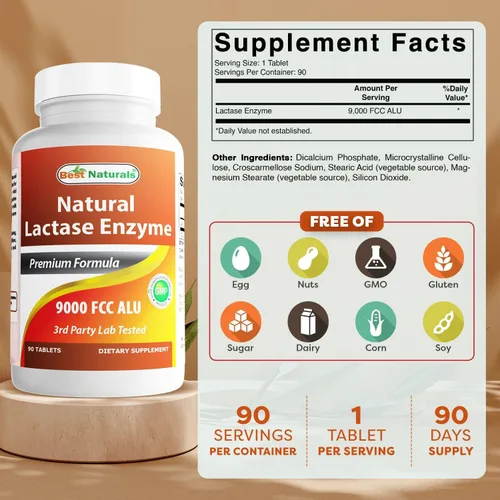 Miniatura 2 de Best Naturals Tabletas de alivio de intolerancia a la lactosa con enzima lactasa natural, lactasa de acción rápida de alta potencia, 9000 ALU FCC