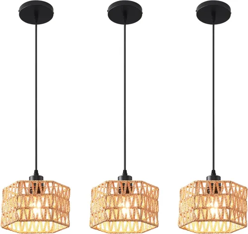 Miniatura 17 de Lámpara Colgante Tejida Candelabro Bohemio, Luces Colgantes de Ratán Isla de Cocina, Iluminación Colgante de Granja con Pantalla de Mimbre Tejida a