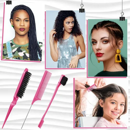 Miniatura 7 de Geiserailie Juego de 3 cepillos para el cabello con parte trasera lisa, cepillo de cerdas, control de bordes, peine para mujeres, cabello negro Rojo