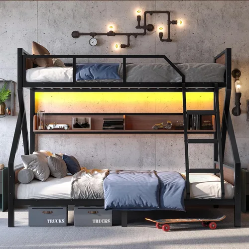 Miniatura 4 de Bellemave Litera de Metal Twin XL sobre Queen con Estantes de Almacenamiento y Luz LED, Marco de Litera Resistente con Tabla de Madera y Listones