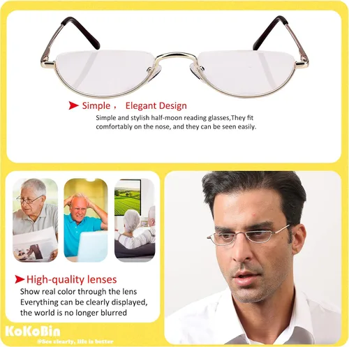 Miniatura 5 de Gafas de Lectura Media Montura - 4 Pares de Gafas de Marco de Metal con Bisagra de Resorte para Hombre y Mujer, Oro 1.75