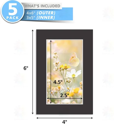 Miniatura 2 de MBC MAT BOARD CENTER, Paquete de 5 paspartús negros de 4x6 para fotos de 3x5, corte biselado, libre de ácido, grosor de 4 capas
