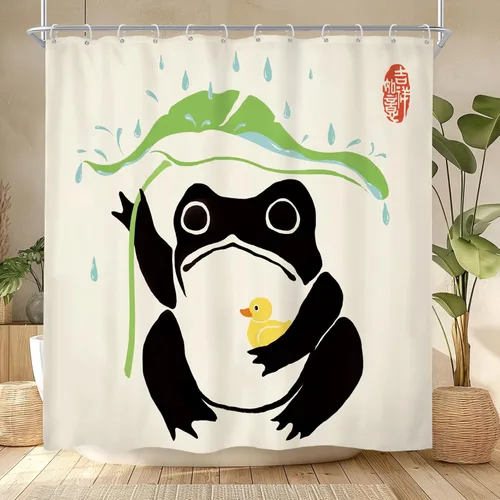 Miniatura 38 de Juego Divertido de Cortina de Rana Retro para Ducha, Juego de Baño 48x71 Pulgadas, Estilo Asiático Lindo, Arte Japonés Tradicional de Pato de Goma