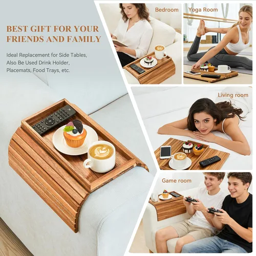 Miniatura 4 de GEHE Bandeja de madera de acacia para sofá, mesa auxiliar plegable para el brazo del sofá, mesa auxiliar con reposabrazos anticaídas, soporte