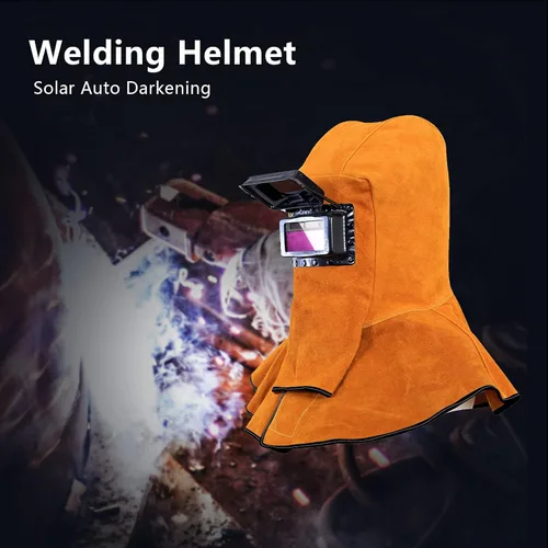 Miniatura 6 de Máscara de soldadura de cuero, capucha de cuero con capucha de soldador, casco de soldador con lente de filtro de oscurecimiento automático, casco
