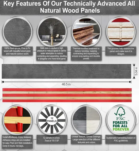 Miniatura 8 de Easy Peel & Stick Tablón de pared o panel de madera envejecida hazlo tú mismo, 12 piezas – 19.50 pies cuadrados – grande 5.0 x 46.5 pulgadas.