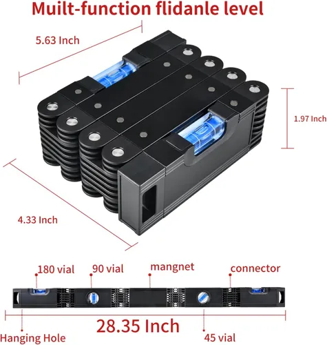 Miniatura 5 de Herramienta de nivel plegable de 28 pulgadas, regla de nivel plegable magnética con 4 burbujas de fácil lectura, herramienta de nivelación