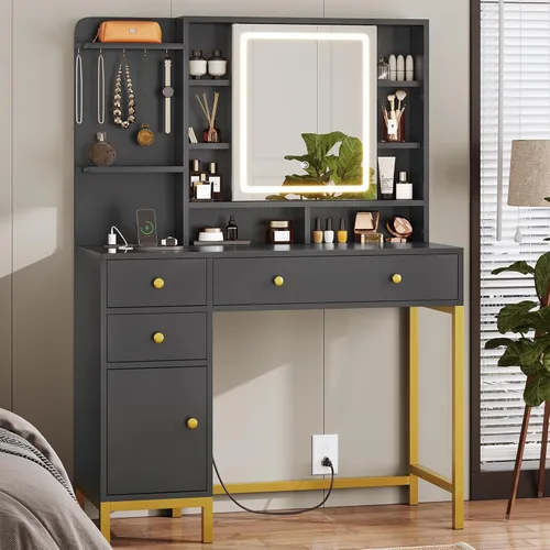 AOGLLATI Tocador de maquillaje con luces en 3 colores, escritorio de tocador negro con espejo y luces, mesa de tocador con estación de carga,