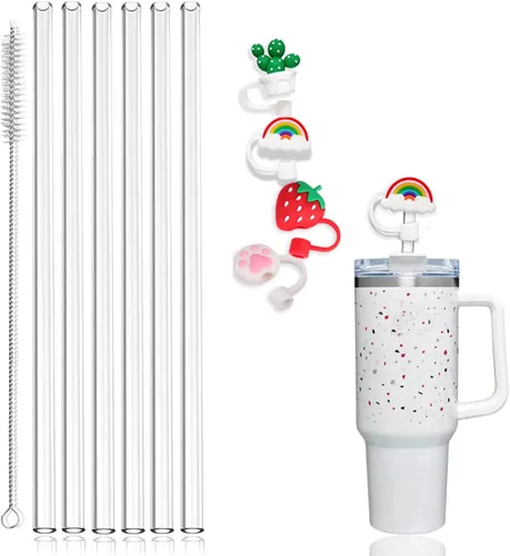 Stanley - Juego de funda para popote y popote de repuesto de 40 onzas, 6 popotes reutilizables + 4 adornos de silicona + cepillo limpiador para
