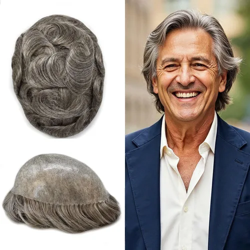 Miniatura 60 de LYRICAL HAIR Toupee for Men Human Hair Replacement System Injected Poly Skin Male Prothesis Durable PU Mens Hairpiece Wig 5"X7" #1 Jet Black 120%
