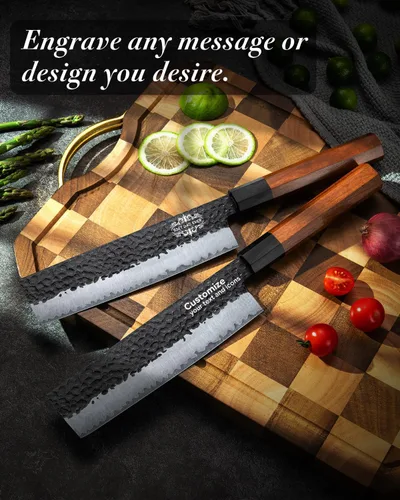Miniatura 2 de FAMCÜTE Cuchillo Nakiri grabado personalizado de 7 pulgadas, forjado a mano, cuchillo de chef japonés de acero 9CR18MOV de 5 capas con mango
