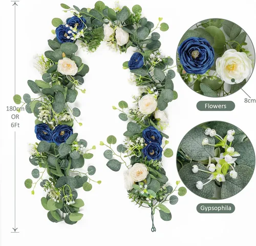Miniatura 58 de TOCHGREEN Paquete de 2 Guirnaldas de Flores de Eucalipto Artificial de 12 Pies con Rosas Champán, Guirnalda de Flores de Rosa Falsa Verdor