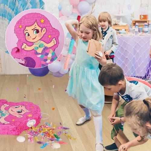 Miniatura 7 de WERNNSAI - Piñata de sirena con bate y venda para los ojos, juegos de fiesta de cumpleaños para niñas, aniversario, celebración, actividades