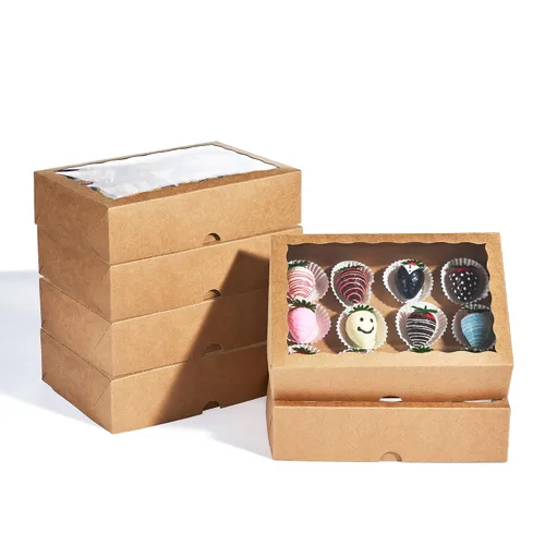 Cajas de cartón de alta calidad de 10 x 7 x 2.5 pulgadas con ventana transparente para galletas, fresas paquete con 25 unidades. Kraft marrón