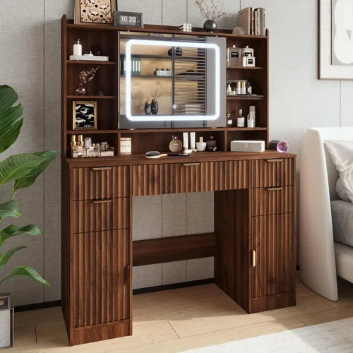 Miniatura 10 de Escritorio estriado con espejo y luces HD, mesa de tocador de maquillaje de madera con 4 cajones y estantes abiertos, juego de tocador de mediados