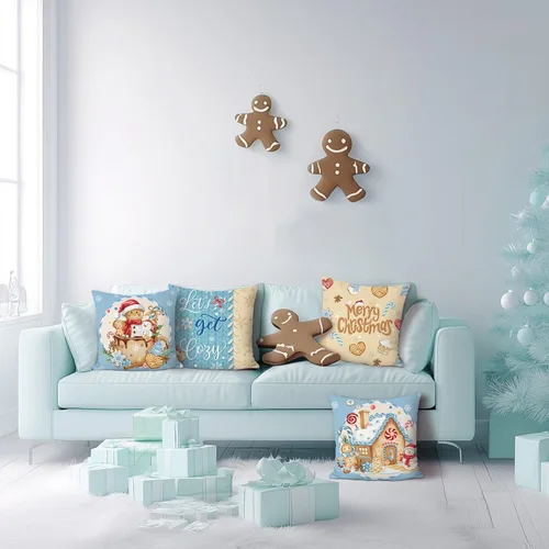 Miniatura 3 de Bonhause Juego de 4 fundas de almohada navideñas de hombre de jengibre de 18 x 18 pulgadas, casa de panadería, chocolate caliente, muñeco de nieve