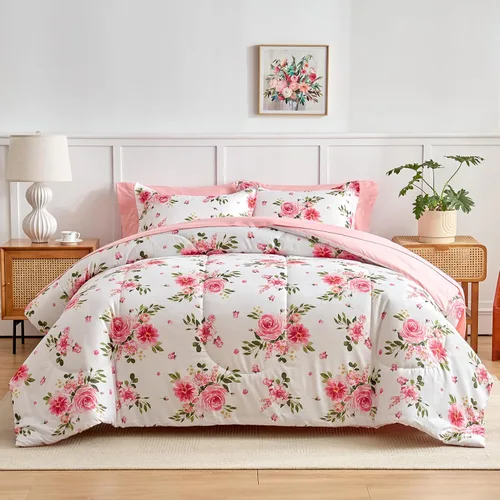 Miniatura 11 de Juego de sábanas de edredón de flores, color gris, cama en una bolsa, juego de ropa de cama reversible de 7 piezas tamaño King de microfibra floral