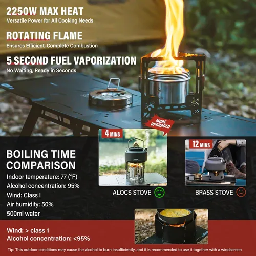 Miniatura 2 de Alocs Estufa de alcohol de 2250 W, estufa de camping con cubierta sellada, estufa individual de acero inoxidable con soporte plegable