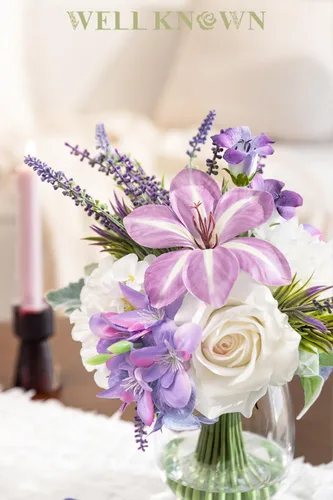Miniatura 5 de WELL KNOWN Flores falsas en jarrón, flores artificiales con agua falsa, rosa de seda sintética de tacto real y tulipanes florecientes, flor