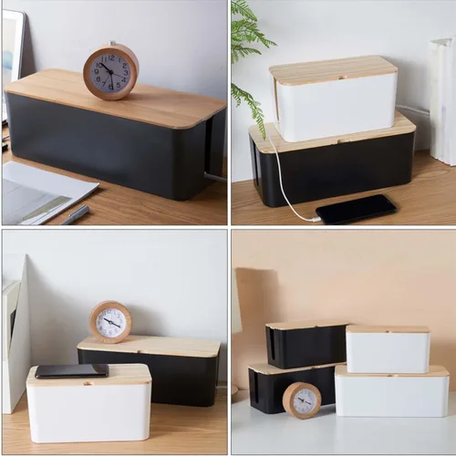 Miniatura 8 de Cable Storage Box with Natural Wood Lid Medium Black Power Line Organizer Household Wire Storage Case for Charging Cables and Socket Management for