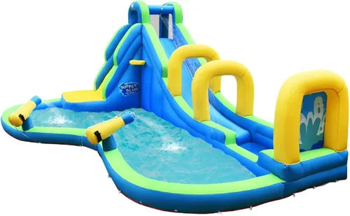 Miniatura 9 de HONEY JOY Tobogán acuático inflable, parque acuático 5 en 1, castillo, casa hinchable con cañones de agua, tobogán largo con arco, tobogán acuático