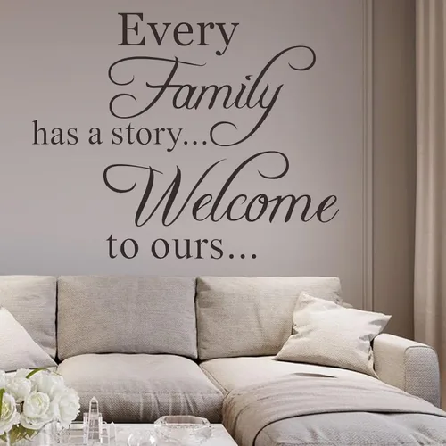 Miniatura 4 de Vinilo decorativo para pared con texto en inglés «Every Family Has a Story» con frase «Welcome to ours»