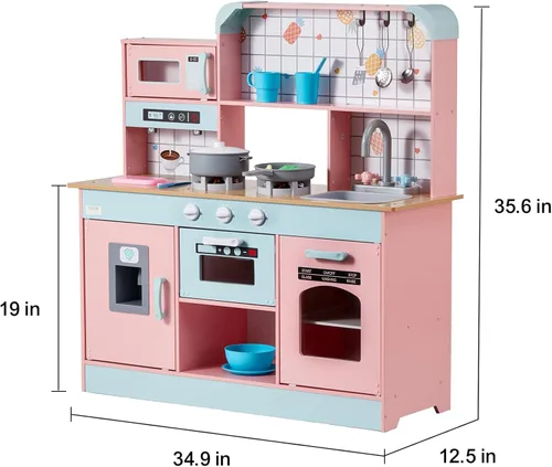Miniatura 8 de VEVOR Cocina de Juguete de Madera, Cocina de Juego para Niños con Luces y Sonidos, Cocina Infantil con Máquina de Hielo, Horno, Fregadero, Rosa