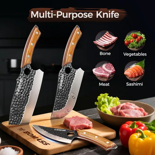 Miniatura 6 de Juego de 3 cuchillos de carnicero para cortar, cuchilla japonesa para carne forjada a mano para cocinar, cuchillo de cocina de alto carbono y juego