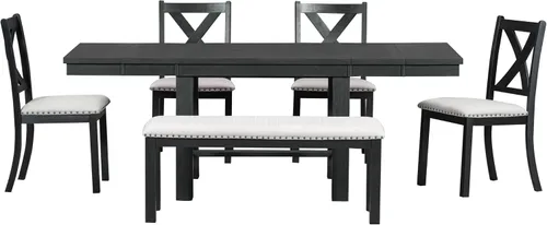 Miniatura 7 de RuiSiSi 6 Piece Solid Wood Dining Table Set, Farmhouse Extendable Kitchen Table with a Bench and 4 Padded Chairs, 4-6 Dining Table Set with Bench