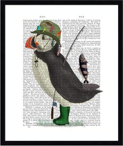 Miniatura 14 de Amanti Art Framed Wall Art Print 21x17 Puffin Fishing by Fab Funky, Animals Wall Art, Whimsical Decor, Small Poster Painting Artwork for Living