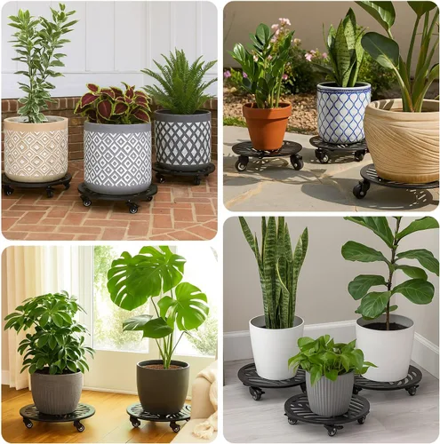 Miniatura 6 de 1 paquete de 30 cm de gran organizador de plantas de metal con 3 ruedas de PU metálicas, soporte rodante para plantas con ruedas para interiores