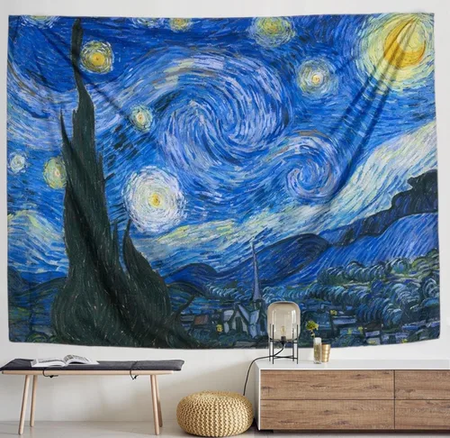 Miniatura 2 de IcosaMro Tapiz de pared con diseño de noche estrellada, V. Gogh Art - Tapices de pared [51 x 60 pulgadas] [dobladillos doblados], mantel de manta
