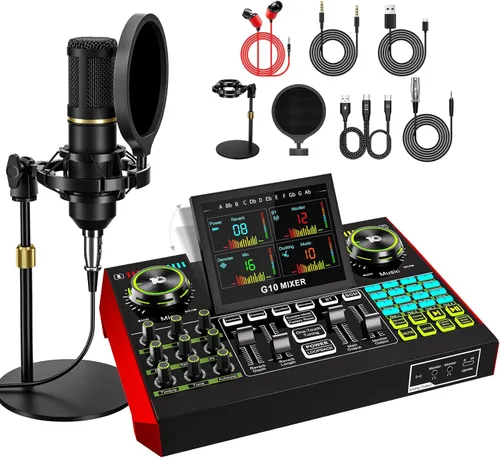 Conjunto de micrófono de podcast con tarjeta de sonido en vivo y mezclador de audio, equipo de podcast con micrófono BM800 de 3.5mm para PC/YouTube,