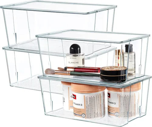 Miniatura 7 de Hudgan Paquete de 4 contenedores de almacenamiento de plástico transparente con tapas de bambú, contenedores de almacenamiento apilables