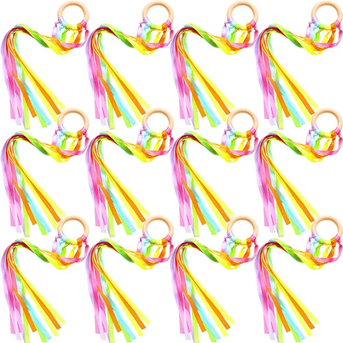 Miniatura 9 de Deekin 12 piezas de cinta de arco iris de madera Waldorf juguetes creativos Waldorf juego de cometas de mano serpentinas con anillo de madera