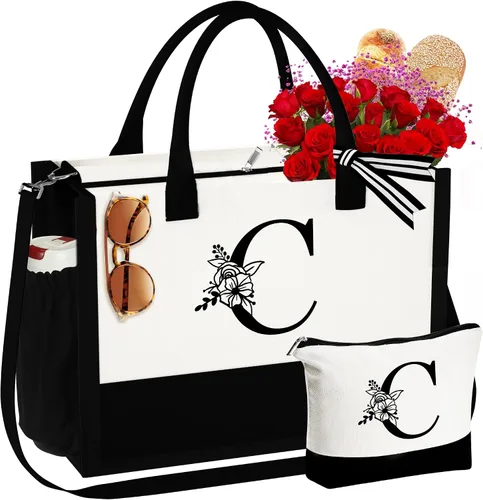 Bolsa de lona con inicial, bolsa de maquillaje, bolsa de mano con cremallera, regalos de cumpleaños personalizados de graduación para mujeres y ella