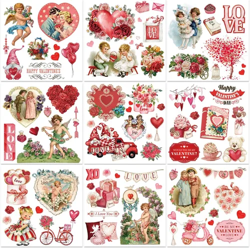 JarThenaAMCS 9 hojas de calcomanías vintage de transferencia de acuarela para el día de San Valentín, diseño de corazón, rosa, gnomo, cupido,