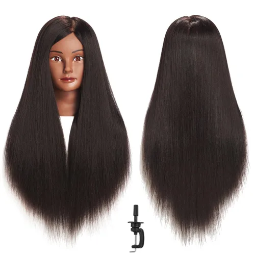 Cabeza de maniquí 26-28" Cabeza de maniqui de fibra sintética Yaki para peluquería, modelo de entrenamiento de cosmetología, cabeza de muñeca para