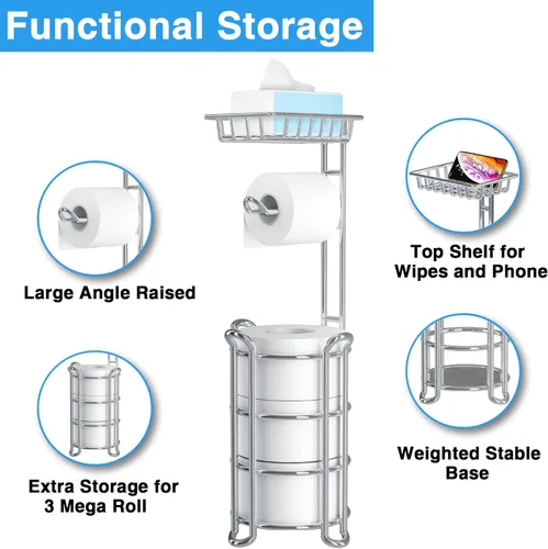 Miniatura 2 de Soporte de papel higiénico independiente con estante para teléfono, estante de almacenamiento de rollos de papel de baño con dispensador para 4