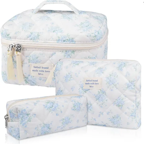 Miniatura 27 de Set de bolsas de maquillaje, bolsa de maquillaje acolchada, bolsa de cosméticos floral grande para mujeres, lindas bolsas de maquillaje de algodón