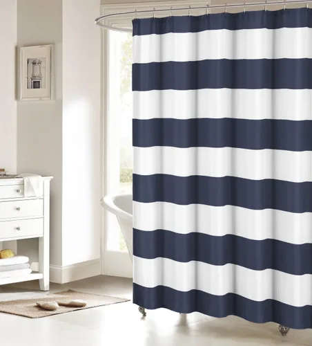 Cortina de ducha de tela con diseño de rayas náuticas para baño, 36 x 72 pulgadas, color azul marino y blanco, cortina de ducha para cabina de