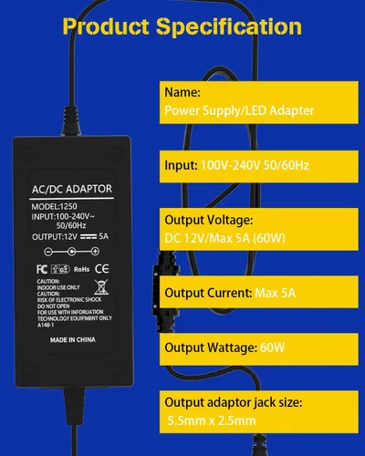 Miniatura 3 de DUOFU365 Adaptador Convertidor de Fuente de Alimentación 12V 5A 5A Transformador 100V-240V CA a 12V CC para Tira de Luz LED, Monitor LCD, DVR, NVR