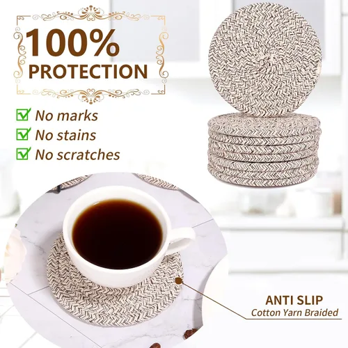 Miniatura 5 de Mckanti Paquete de 8 posavasos con soporte, posavasos absorbentes para mesa de café, juego de posavasos de algodón minimalista tejido
