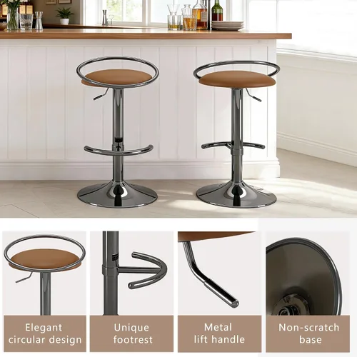 Miniatura 6 de Juego de 2 taburetes de bar, taburetes de bar giratorios ajustables con asiento tapizado, taburetes de mostrador de piel sintética para bar, isla