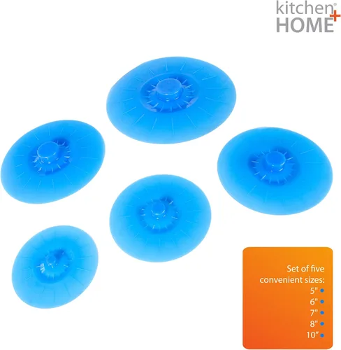 Miniatura 7 de Set de 5 tapas de silicona de diferentes tamaños para tazas, cuencos, ollas o contenedores., Azul
