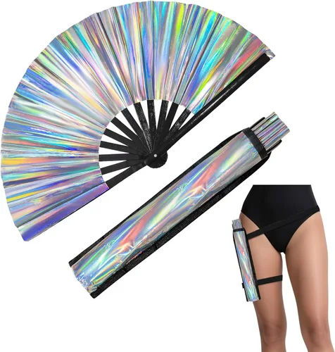 Miniatura 10 de Hasina Ventilador de mano plegable grande con purpurina, ventilador de mano plegable de bambú para hombres y mujeres, diseño brillante para fiestas