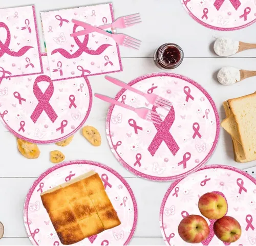 Miniatura 4 de 48 piezas de decoraciones para fiesta del cáncer de mama incluyen platos, servilletas, decoraciones para fiesta libres de cáncer para servir a 24