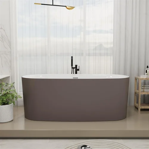 Bañera independiente de resina de superficie sólida de 59 pulgadas, forma ovalada, moderna bañera de resina de piedra profunda con desbordamiento